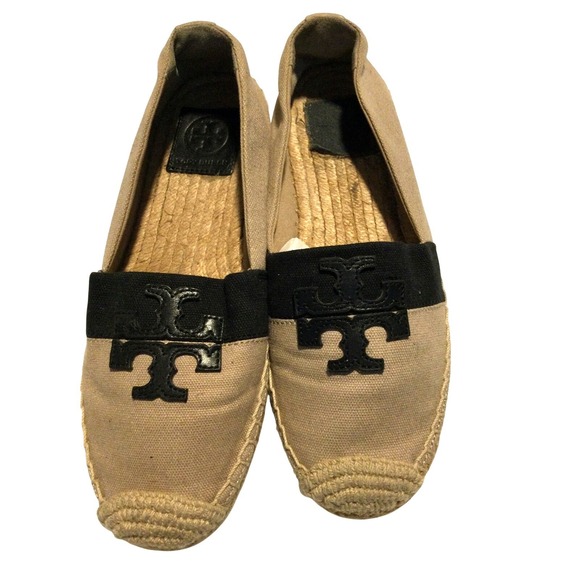Tory Burch Shoes - Tory Burch Canvas Logo Espadrille Flats Tan Black Slip On Shoes size 6